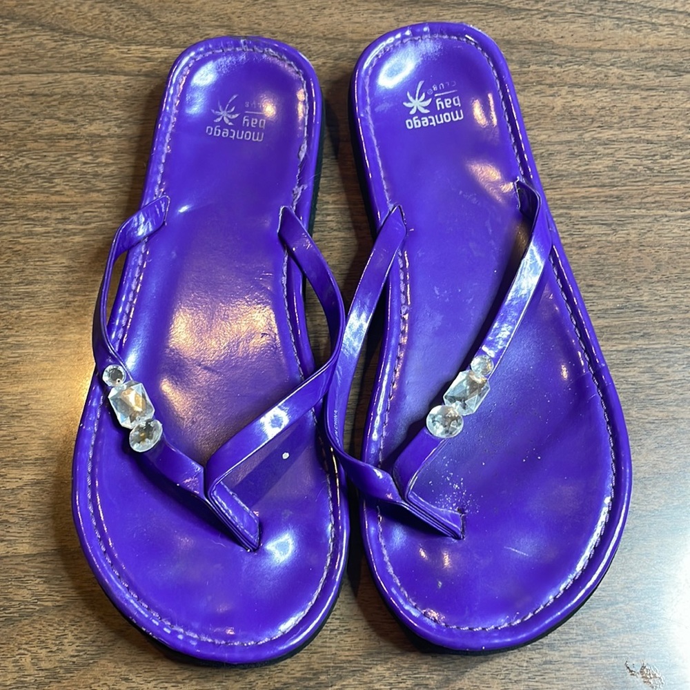 Montego Bay Club Purple Jelly Flip Flop Sandals with Clear Gem Accents